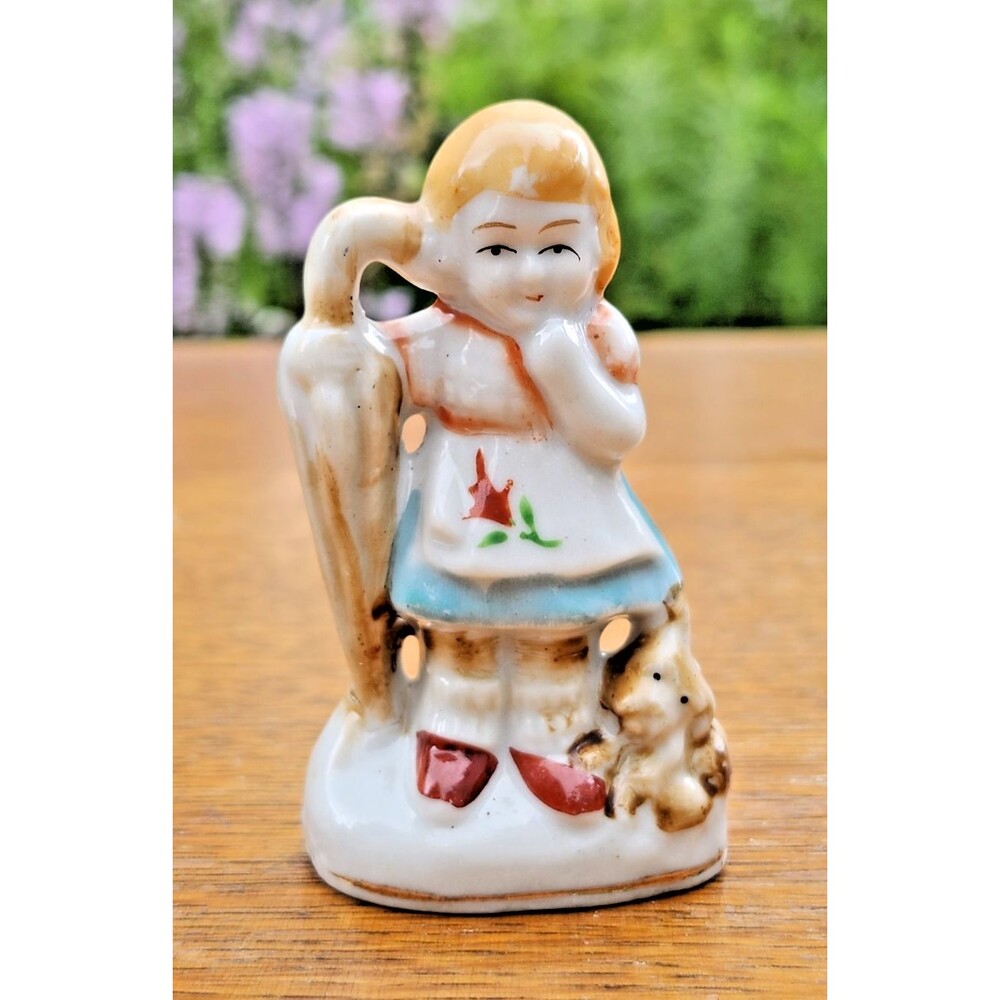Vtg Occupied Japan Porcelain Girl Umbrella Figurine Hummel Style Child Dog Decor